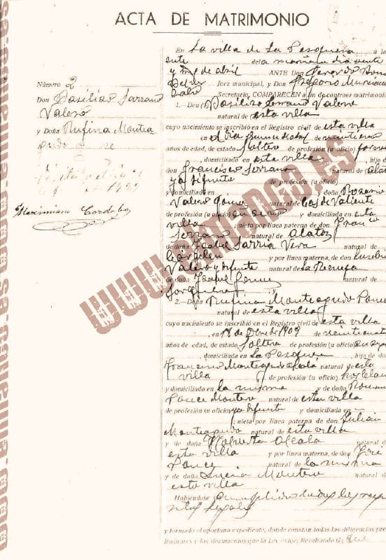 Documento de matrimonio de Basiliso Serrano y Rufina Monteagudo